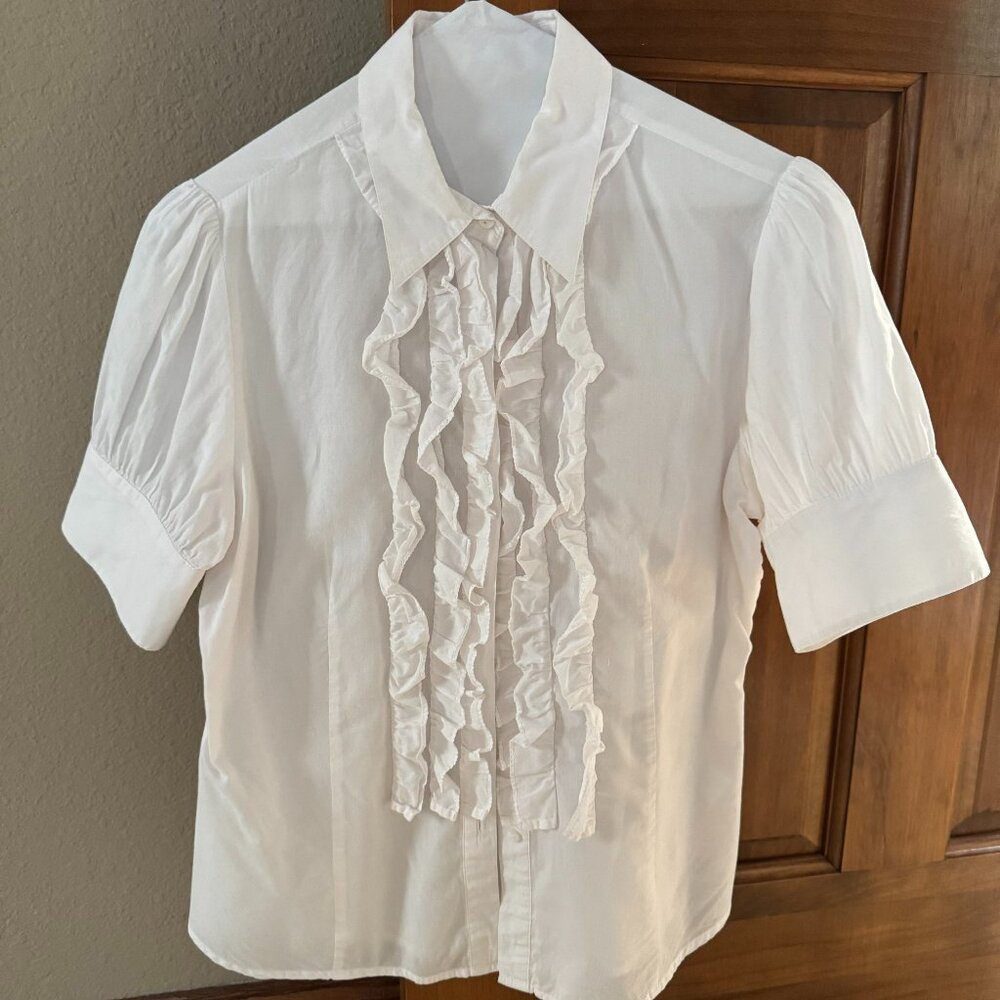 Classic White Women's Button-Down Shirt with Ruffle Front Detail